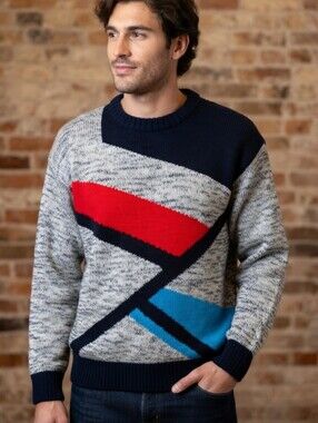 Vintage 80's Men's Club International Colorful Abstract Chunky Knit Sweater XL